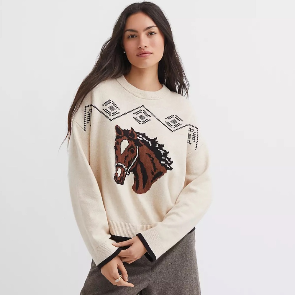 LOFT Women's Cream Horse Sweater